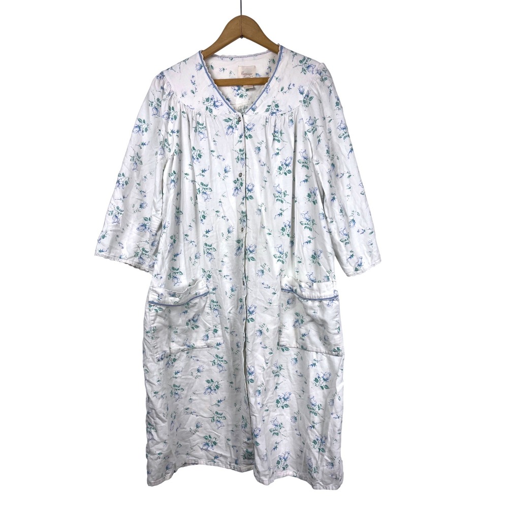 Vintage Carriage Court Blue Floral Cotton Button Front Nightgown Robe Large